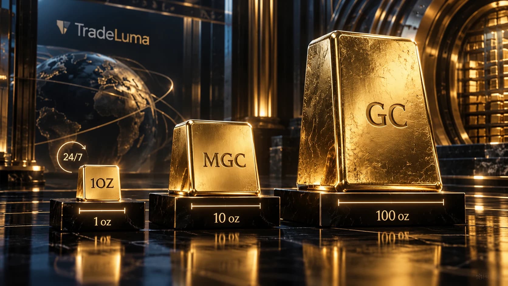 TradeLuma comparison of 1-Ounce Gold, Micro Gold MGC and benchmark Gold GC futures shown as one, ten and one hundred troy ounce gold bars.