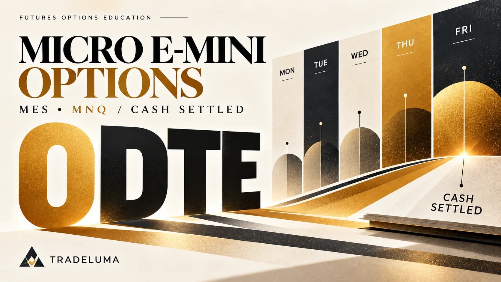 TradeLuma cash-settled Micro E-mini options 0DTE guide showing Monday-to-Friday expiry calendar, MES and MNQ option series and cash settlement in a modern editorial graphic.