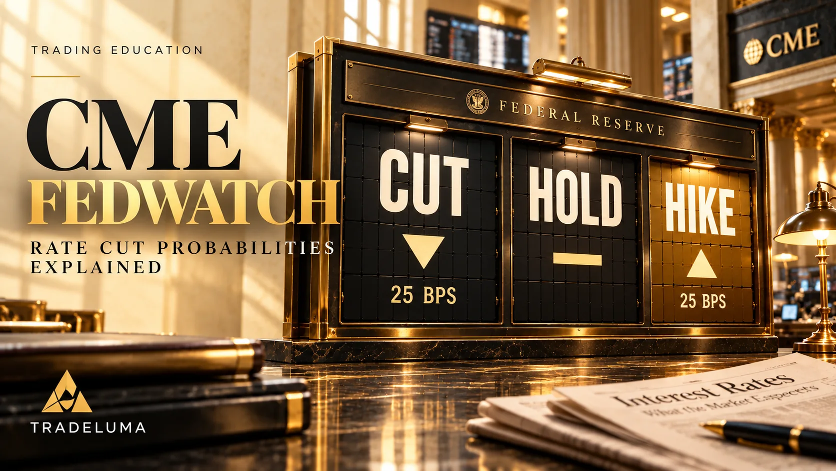 TradeLuma CME FedWatch explainer showing a vintage CUT, HOLD and HIKE Federal Reserve decision board in a financial newsroom, representing model-implied Fed rate probabilities from Fed Funds futures; illustration, not live CME odds.