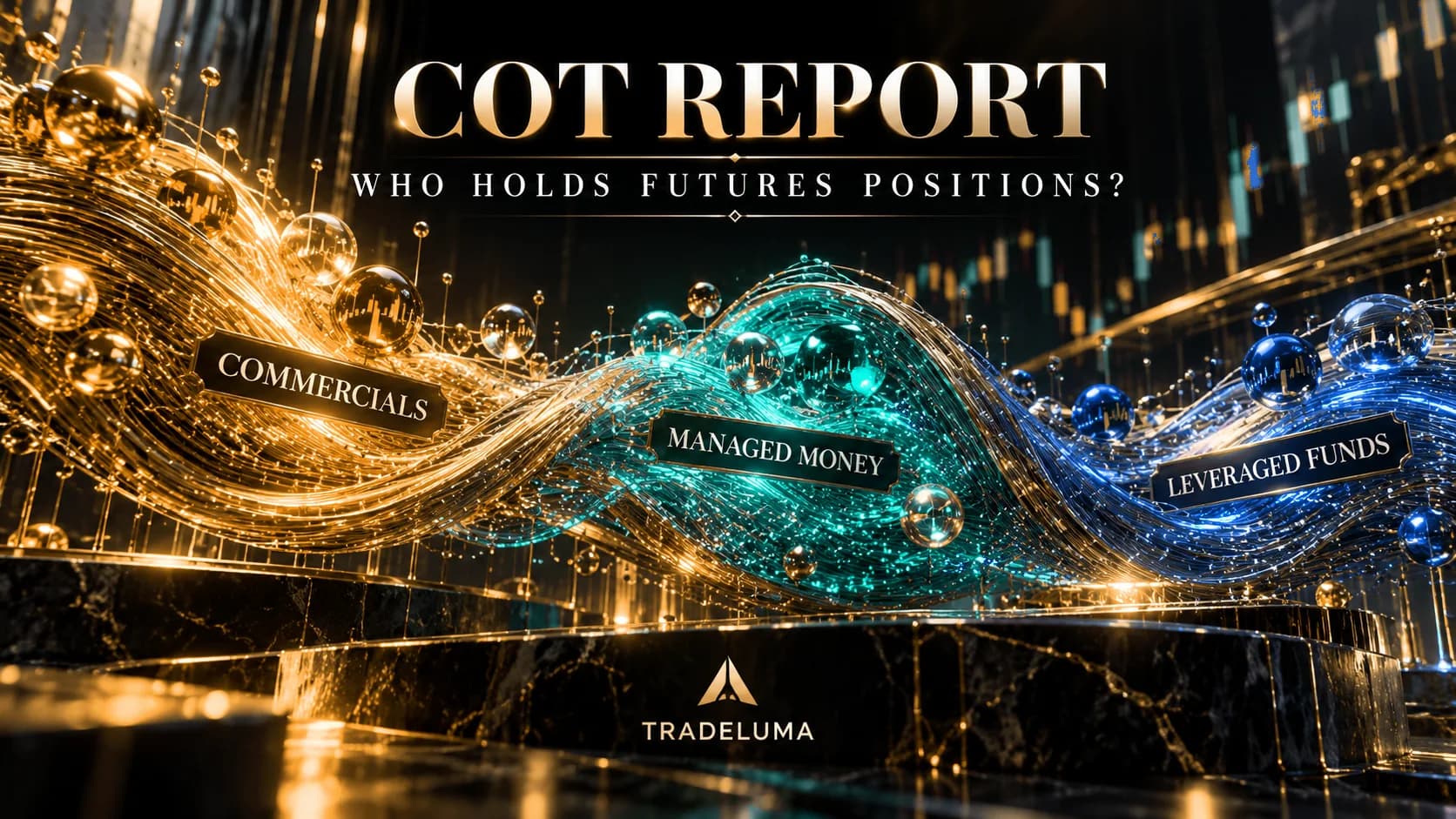TradeLuma COT Commitments of Traders guide showing gold commercial hedger positioning, teal managed-money participation and blue financial leveraged-fund futures exposure as woven market flows.