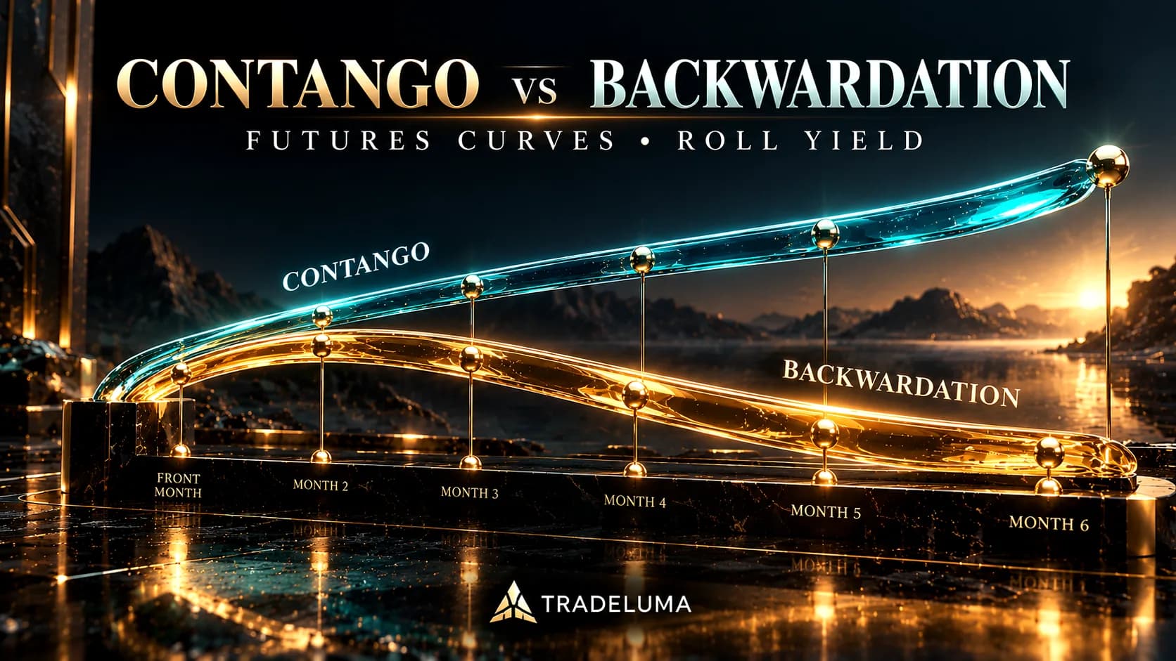 TradeLuma contango versus backwardation futures curves showing ascending teal deferred-month prices, descending gold deferred-month prices and contrasting roll yield dynamics.