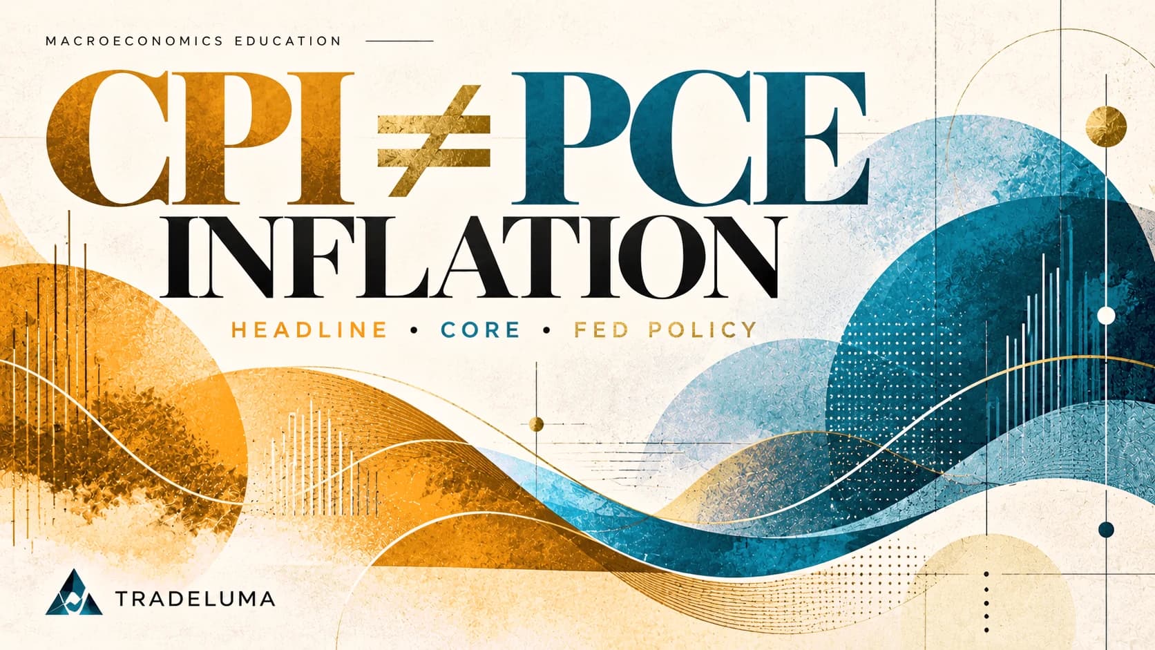 TradeLuma CPI versus PCE inflation education poster: contrasting theme-coloured macroeconomic waves, CPI not equal to PCE typography, headline versus core measures and Federal Reserve policy. Editorial illustration, not live inflation data.