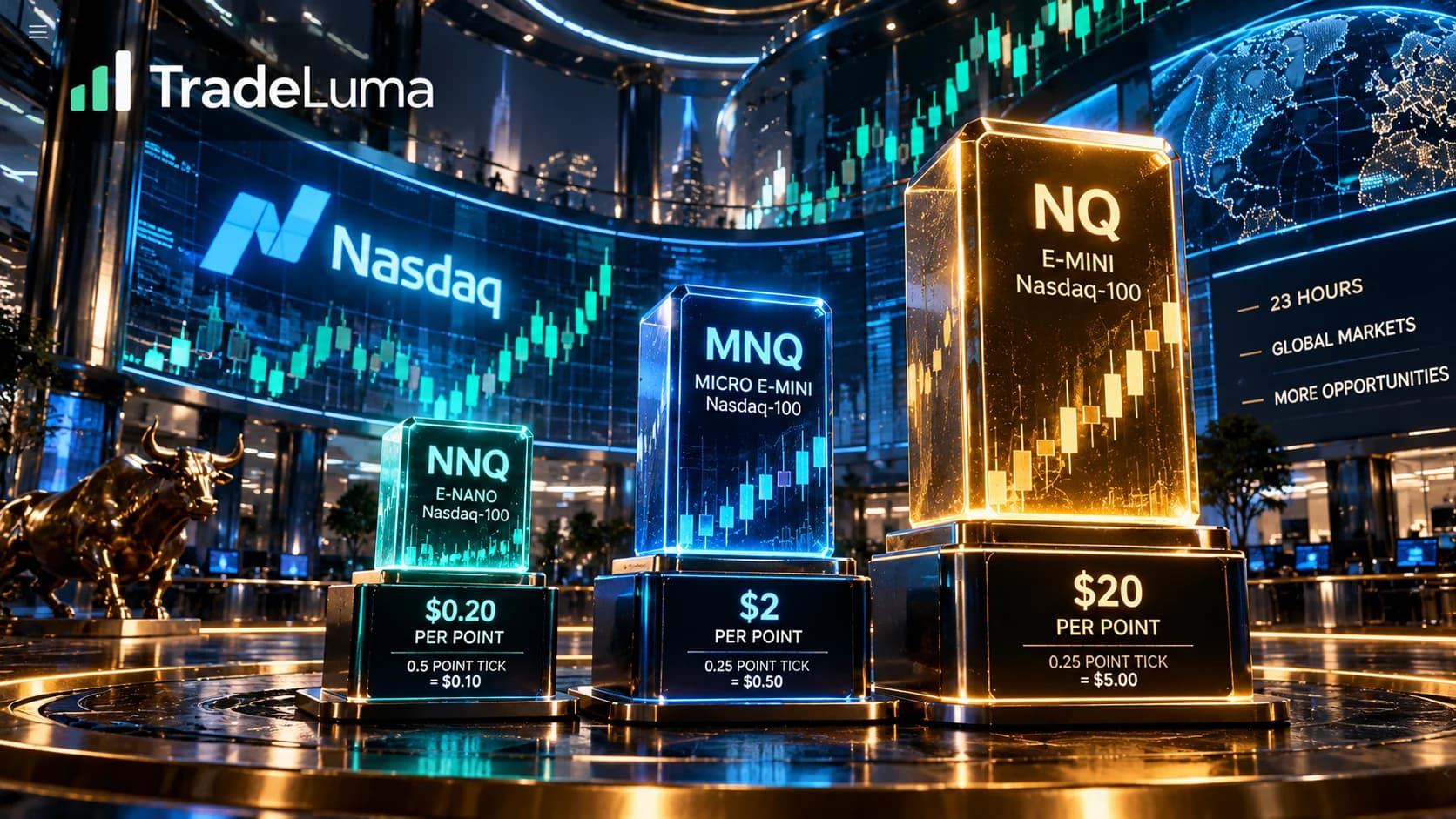 TradeLuma comparison of E-nano NNQ, Micro E-mini MNQ and E-mini NQ Nasdaq-100 futures by point value and tick size.