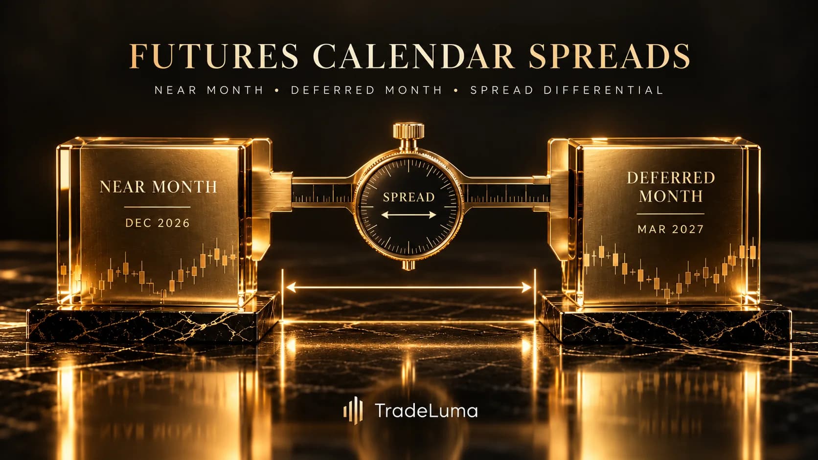 TradeLuma futures calendar spreads guide showing a precision spread gauge measuring the price difference between near-month December 2026 and deferred March 2027 futures contracts.