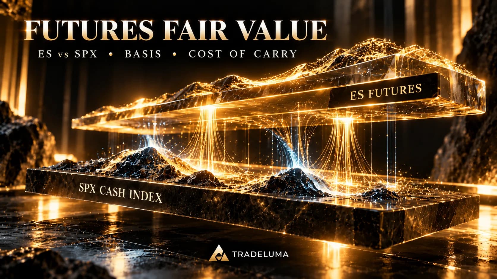 TradeLuma ES versus SPX futures fair value illustration with a gold futures-price platform above the blue cash S&P 500 index, connected by financing and dividend carry flows.