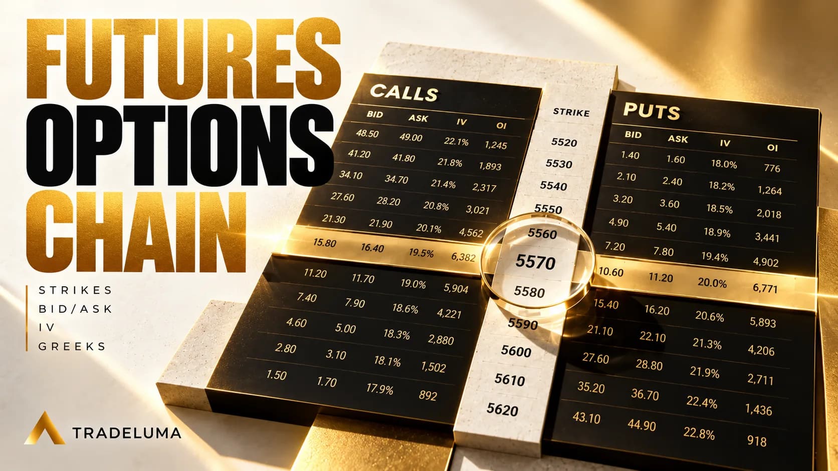 TradeLuma futures options chain guide showing call and put bid/ask quotations, strike prices, implied volatility and open interest with a highlighted example 5570 strike in a bold Swiss editorial trading graphic. Figures are illustrative.