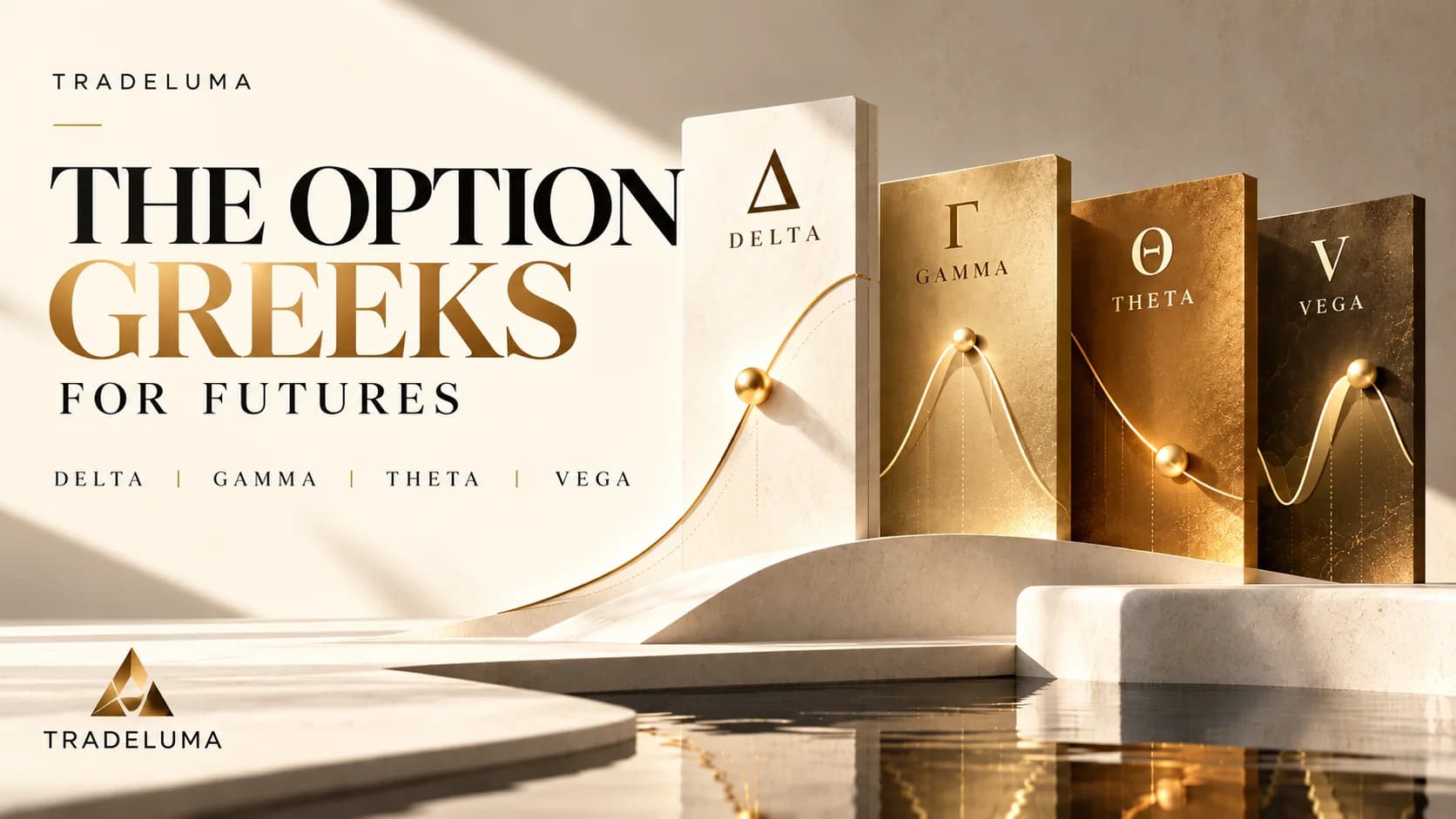 TradeLuma options Greeks for futures guide illustrated as four contemporary architectural panels for Delta, Gamma, Theta and Vega, with premium curves and refined editorial typography.
