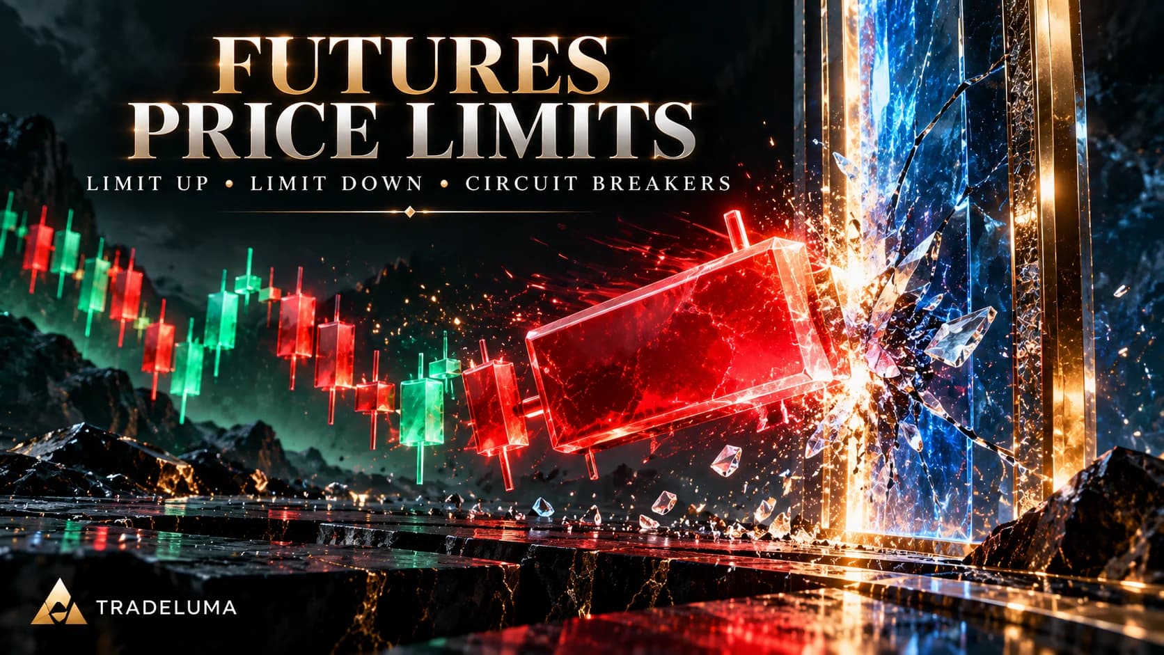 TradeLuma futures price limits guide showing a red candlestick hitting a crystalline exchange price barrier with limit up, limit down and circuit breaker protections.