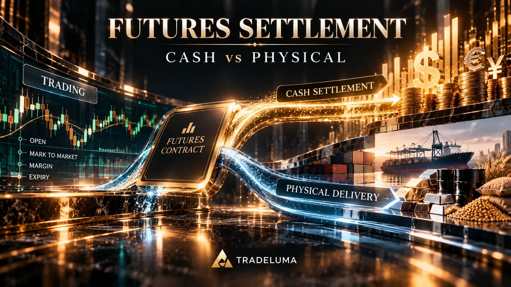 TradeLuma guide to futures settlement showing an exchange-traded futures contract splitting into cash settlement with currency and physical delivery of gold, oil and grain at expiry.