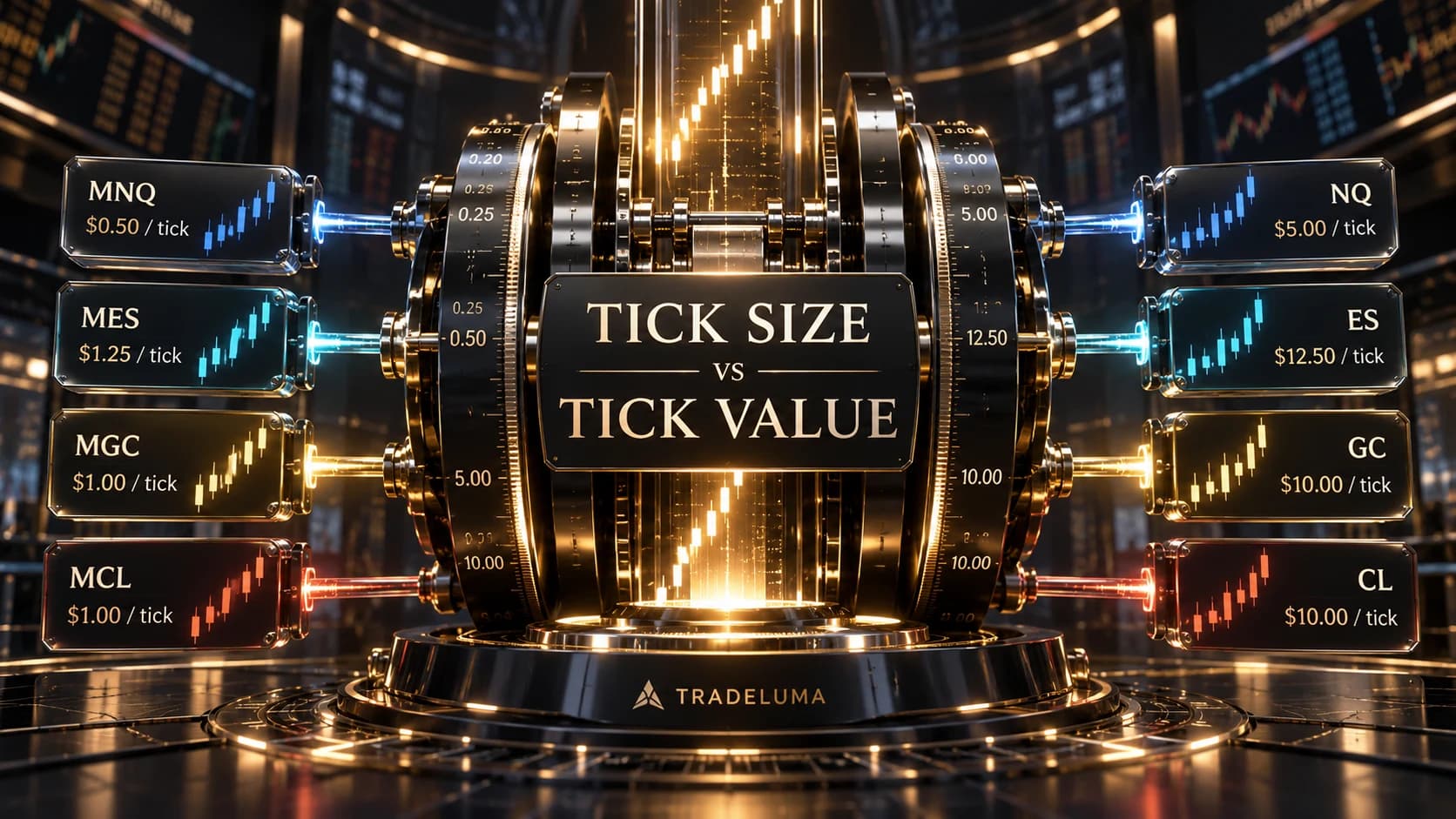 TradeLuma futures tick size vs tick value guide showing how minimum price movements convert into dollar values across micro and standard futures contracts.