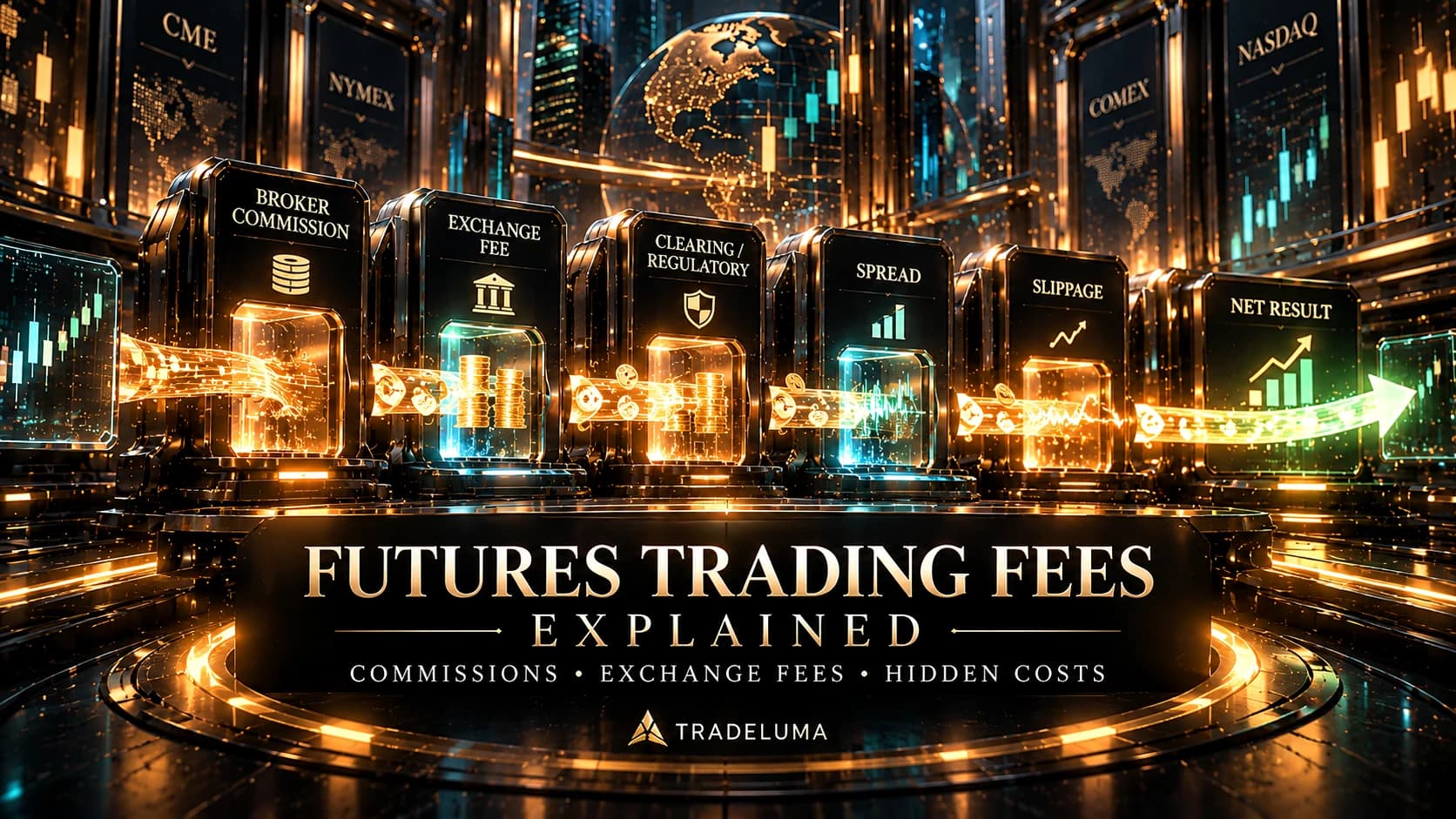 TradeLuma futures trading fees guide showing broker commission, exchange and regulatory fees, spread and slippage flowing through to the net trade result.