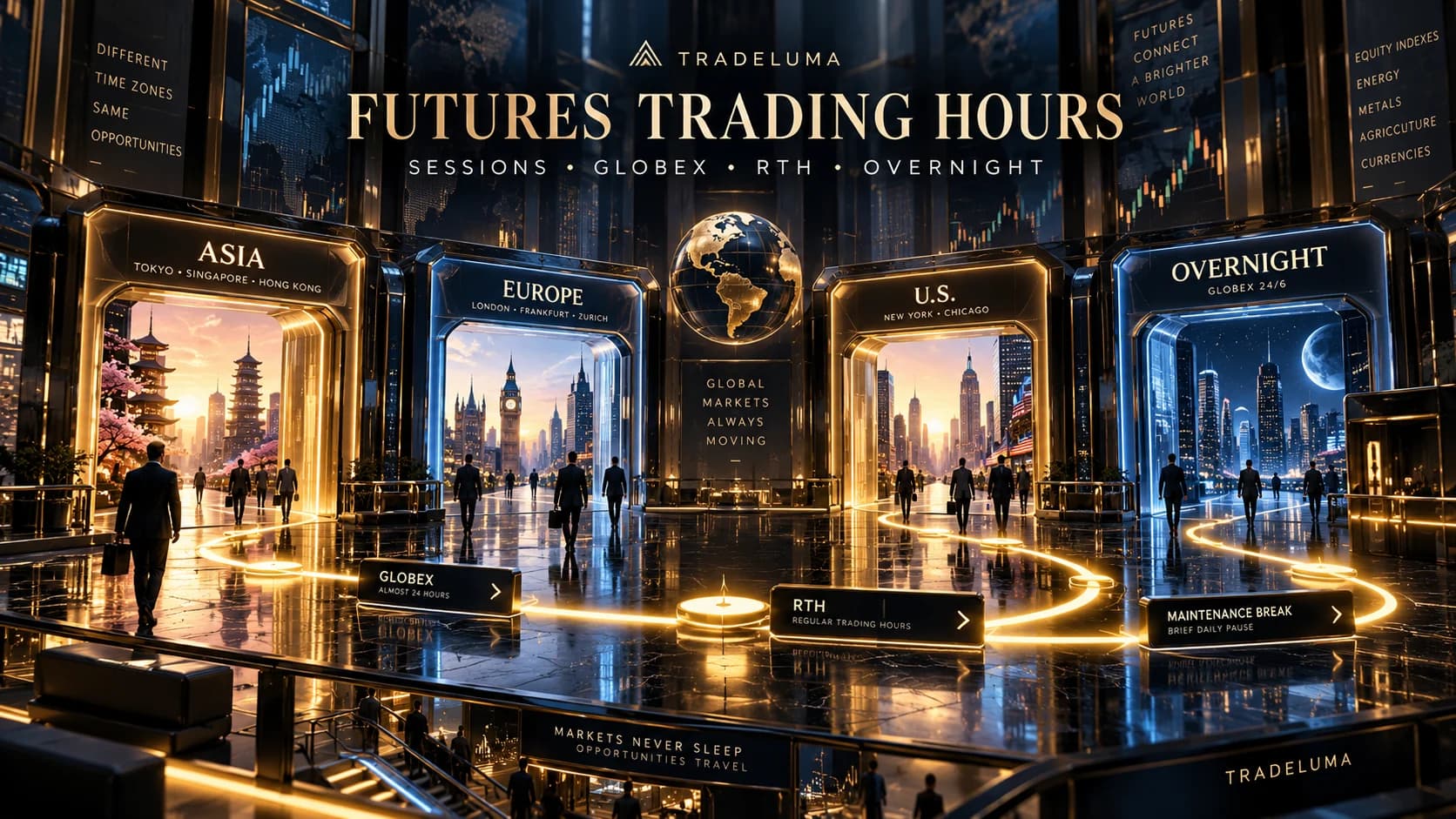 TradeLuma futures trading hours guide showing Asia, Europe, US and overnight market sessions in a premium global trading hall with CME Globex, RTH and maintenance breaks.