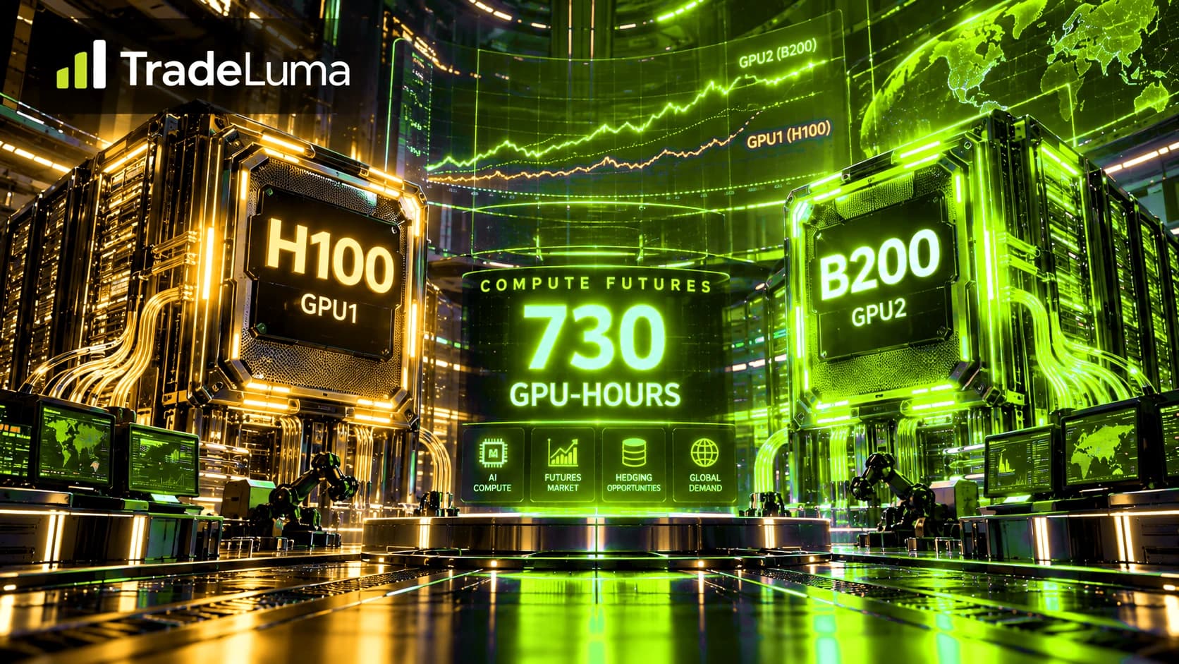 TradeLuma GPU compute futures guide comparing H100 GPU1 and B200 GPU2 rental index futures around a 730 GPU-hour contract unit.