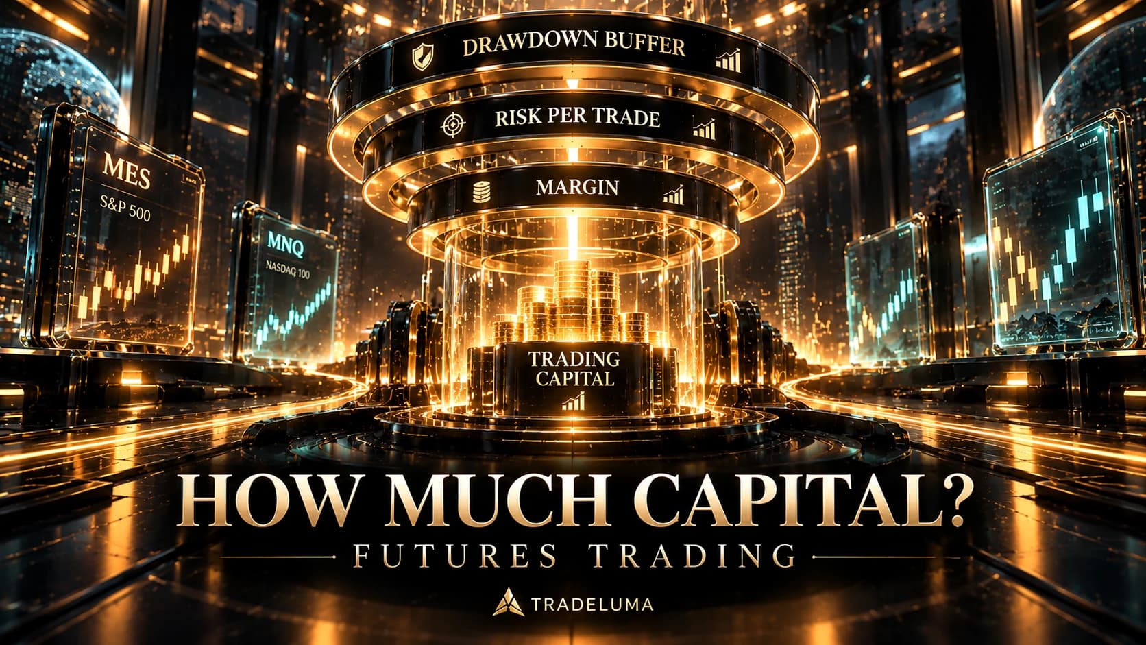 TradeLuma guide to futures trading account size showing margin, risk per trade and drawdown buffer around trading capital with MES and MNQ examples.