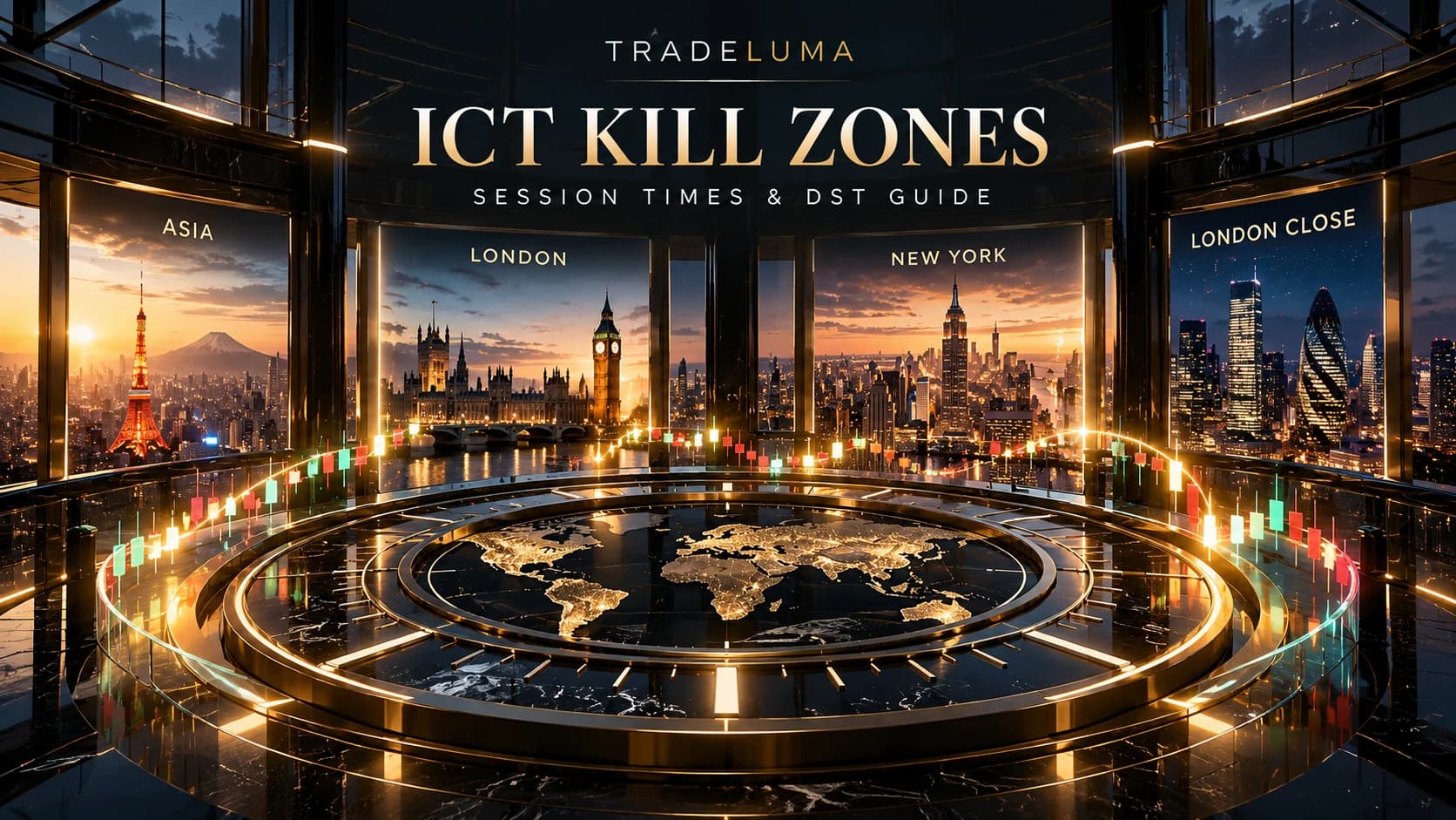 ICT Kill Zones trading guide showing Asia, London, New York and London Close session windows around a global market clock.