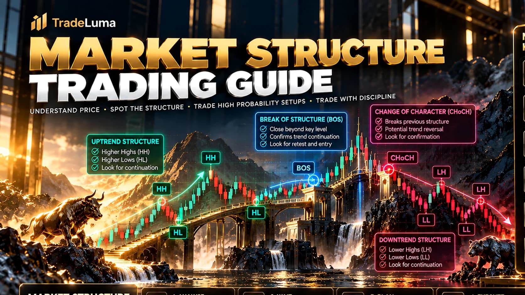 Market Structure in Trading: Higher Highs, Lower Lows and Trend Changes — Read trend direction through swing highs, swing lows, breaks, and transitions.