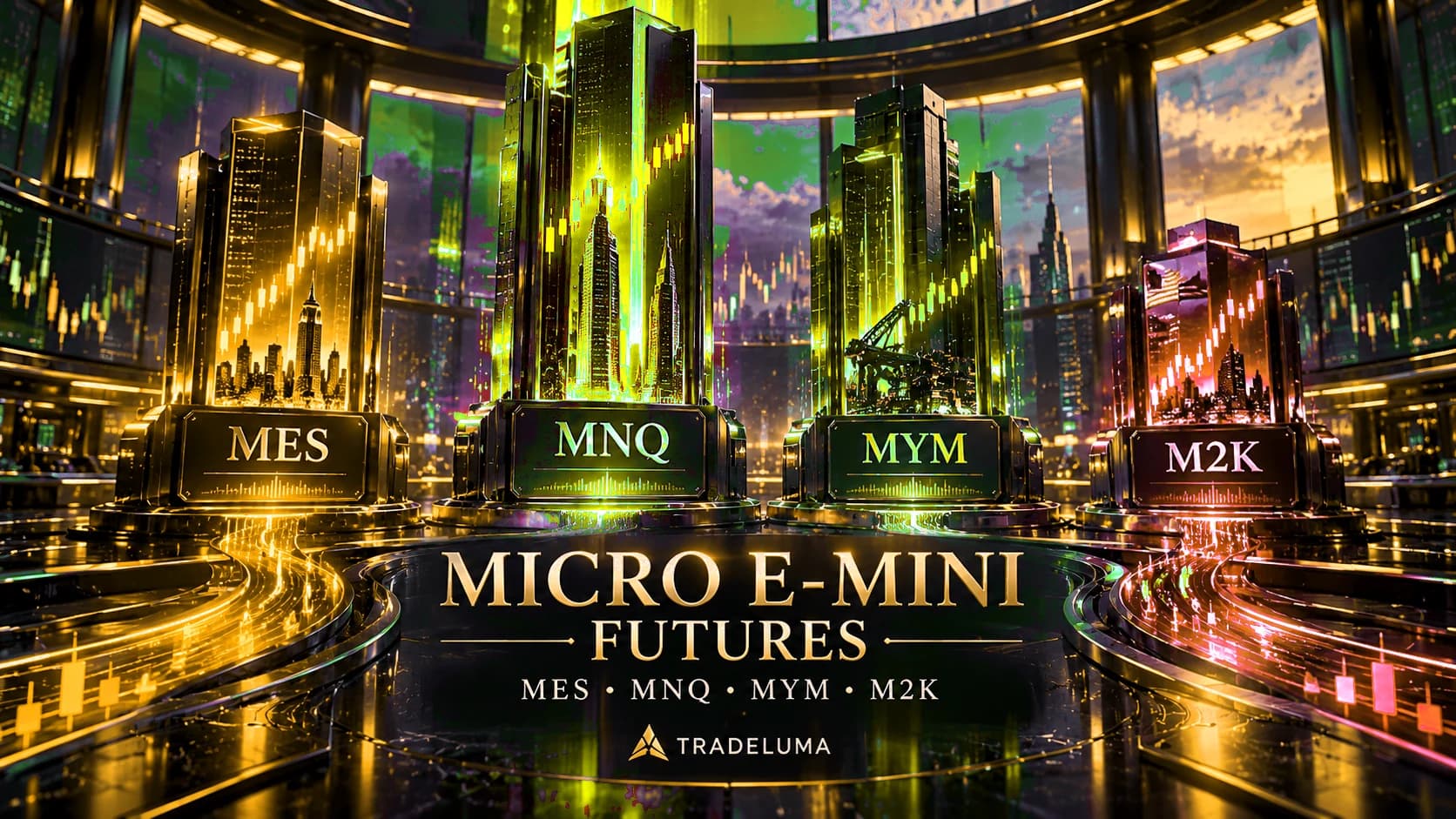 TradeLuma Micro E-mini futures guide comparing MES, MNQ, MYM and M2K contracts for the S&P 500, Nasdaq-100, Dow and Russell 2000.