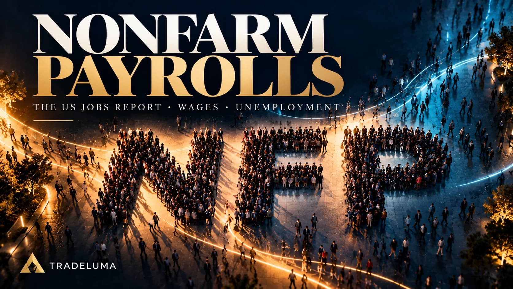 TradeLuma Nonfarm Payrolls NFP education banner showing an aerial crowd forming NFP, symbolic gold and blue macroeconomic flows and the US jobs report, wage growth and unemployment. Artistic illustration; not actual employment data.