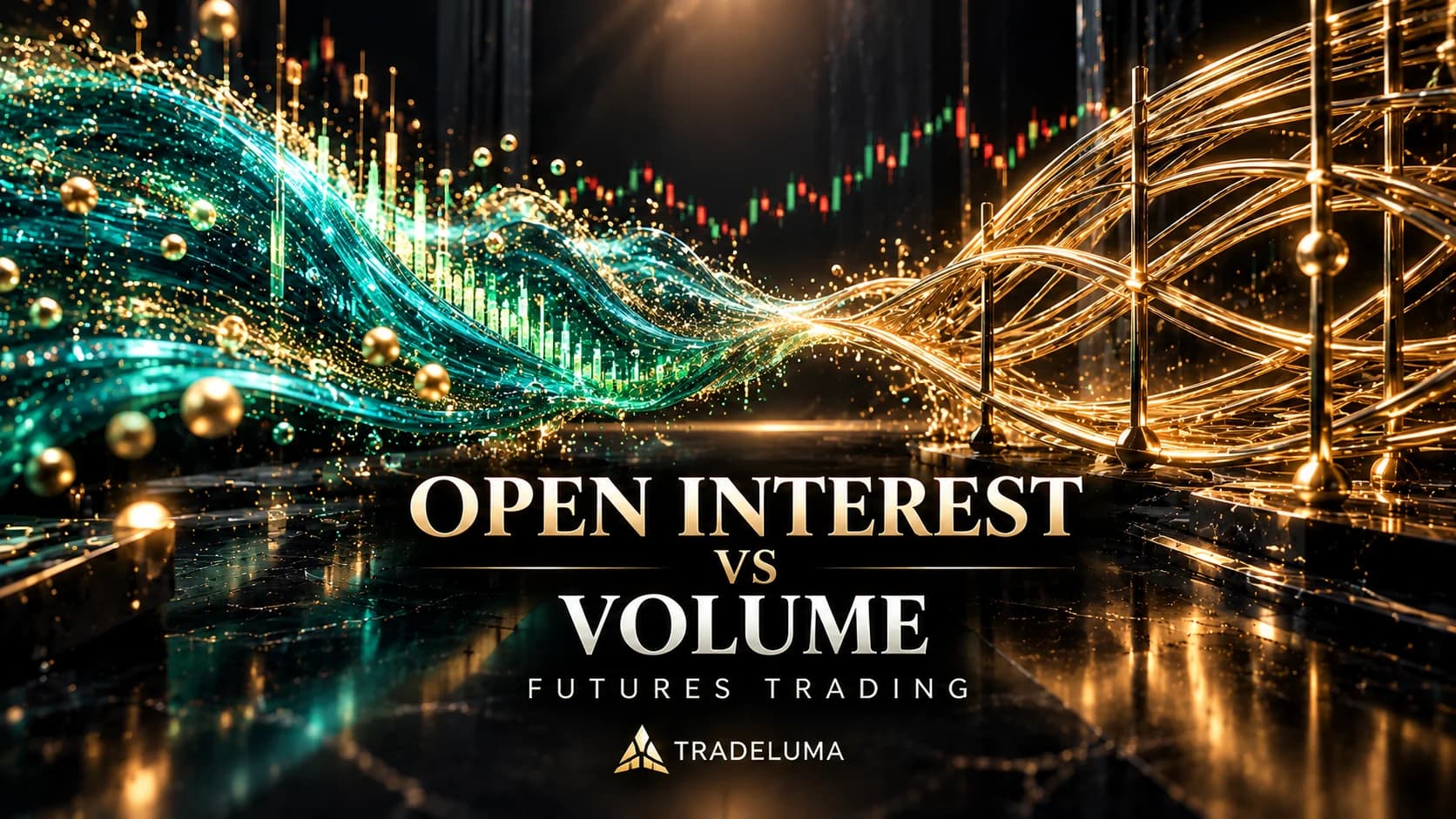 TradeLuma futures open interest versus trading volume guide illustrated by flowing teal transaction particles and persistent gold contract strands.