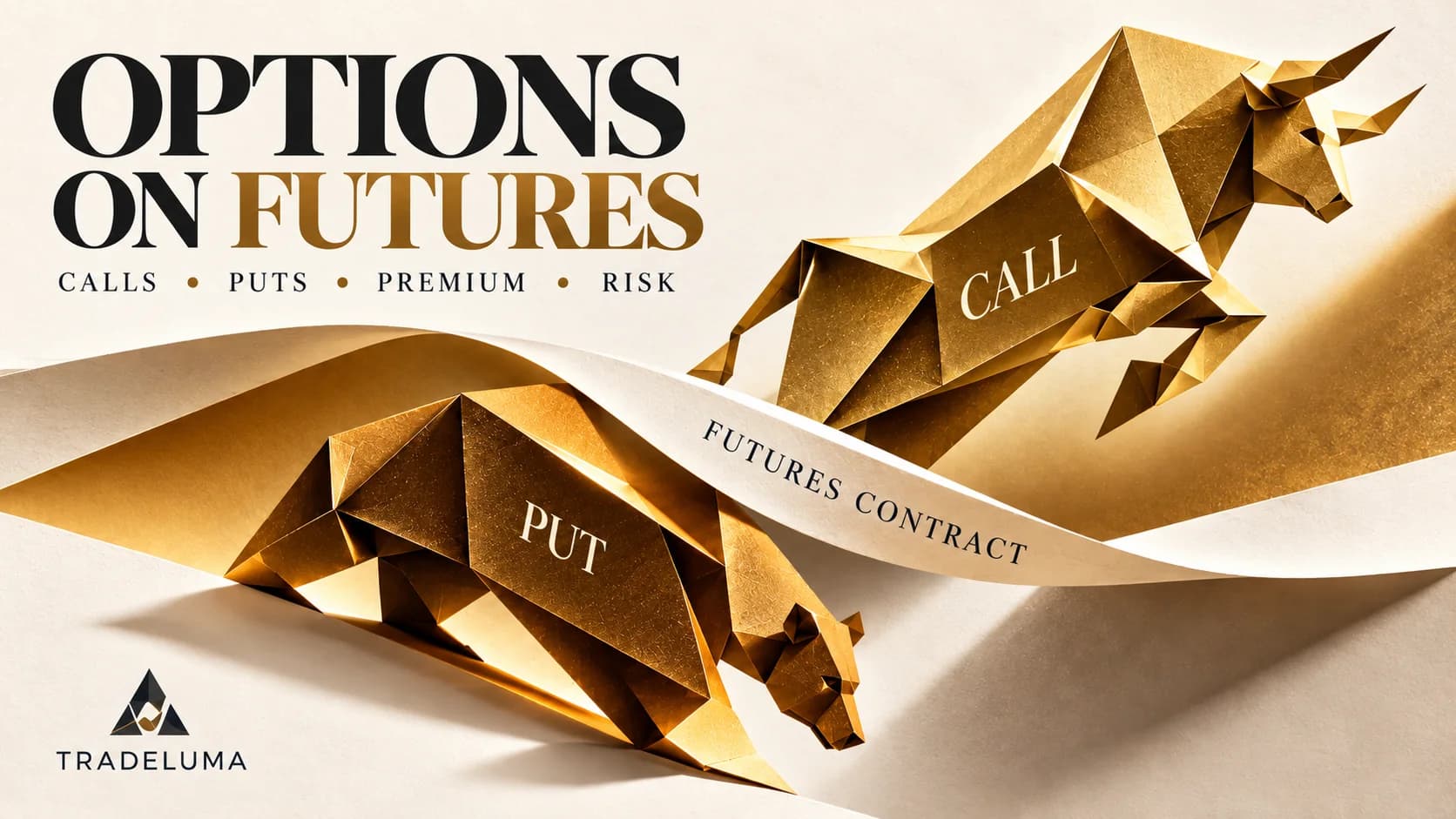 TradeLuma options on futures guide illustrated with premium origami call bull and put bear on a futures contract ribbon, covering call options, put options, premium and trading risk.