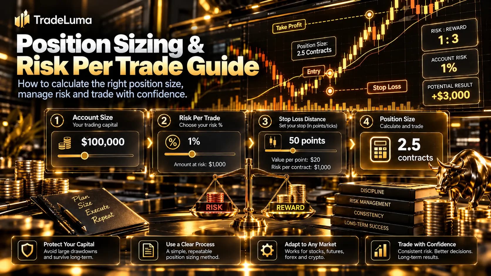 Position Sizing in Trading: Risk Per Trade, Stop Distance and Contract Size — Link account risk, stop distance, and instrument value to quantity.