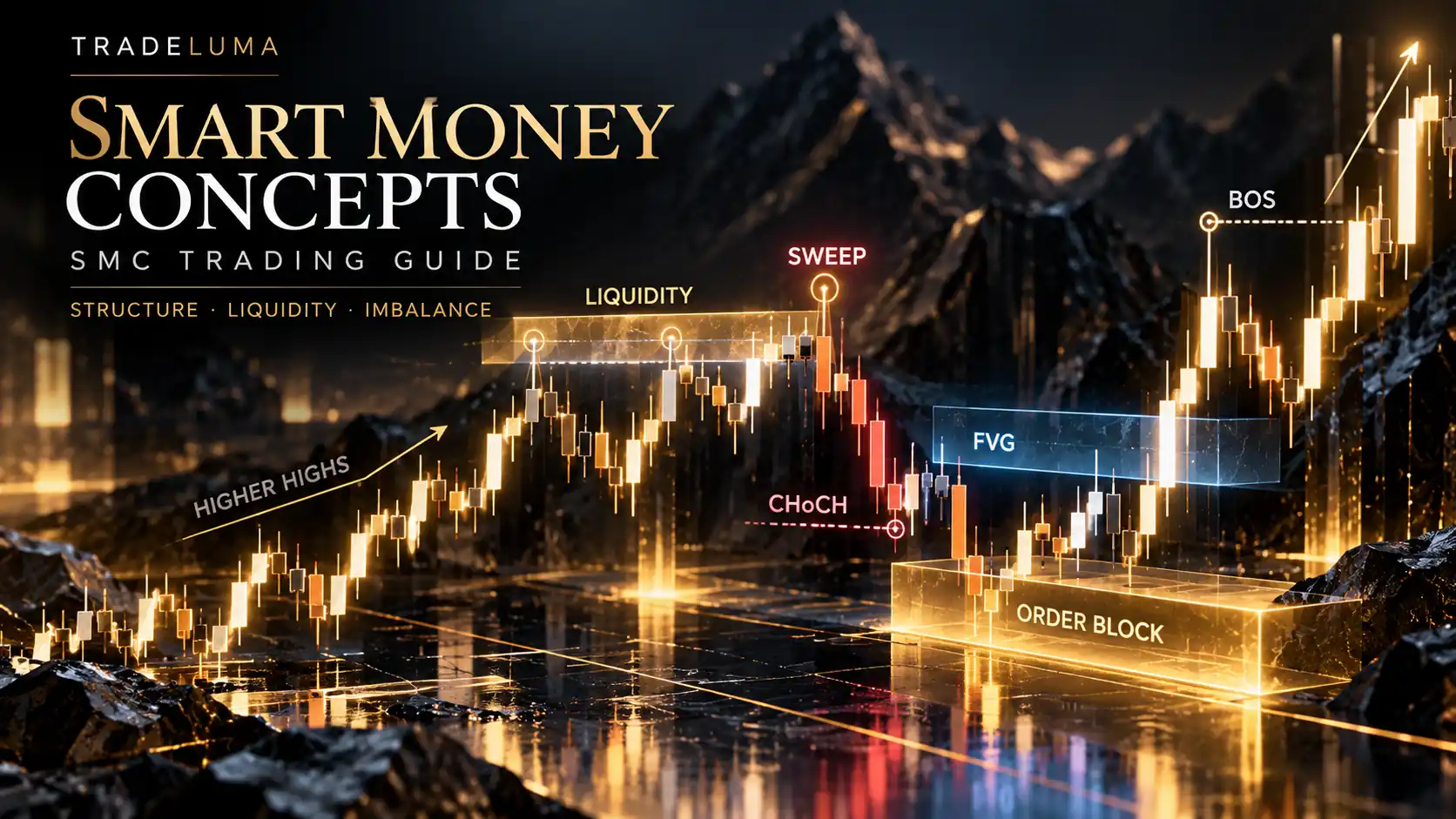 Smart Money Concepts (SMC) Trading: BOS, CHoCH, Liquidity, Order Blocks & FVGs — Connect market structure, liquidity, displacement, FVGs and order blocks without treating chart labels as proof of institutional intent.