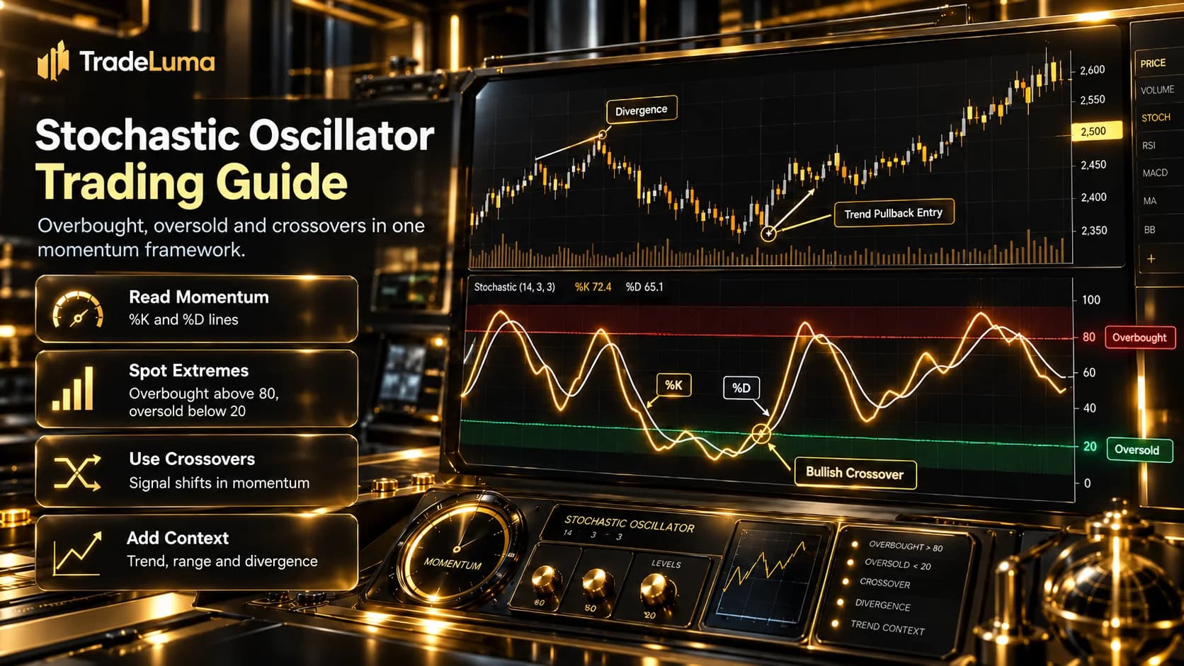 Stochastic Oscillator Explained: Overbought, Oversold and Crossovers — Read the close within its recent range using %K and %D.