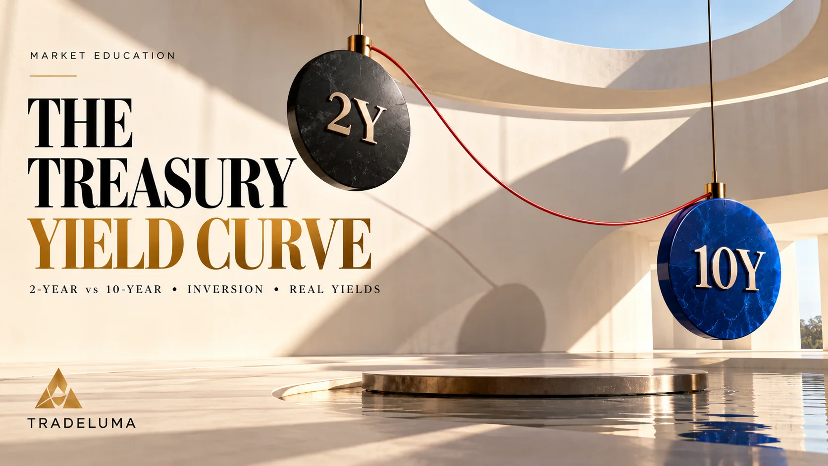 TradeLuma Treasury yield curve education artwork with suspended 2-year and 10-year benchmark weights linked by a curved red line, illustrating the 2s10s slope, inversion and real-yield concepts. Artistic illustration, not live market data.