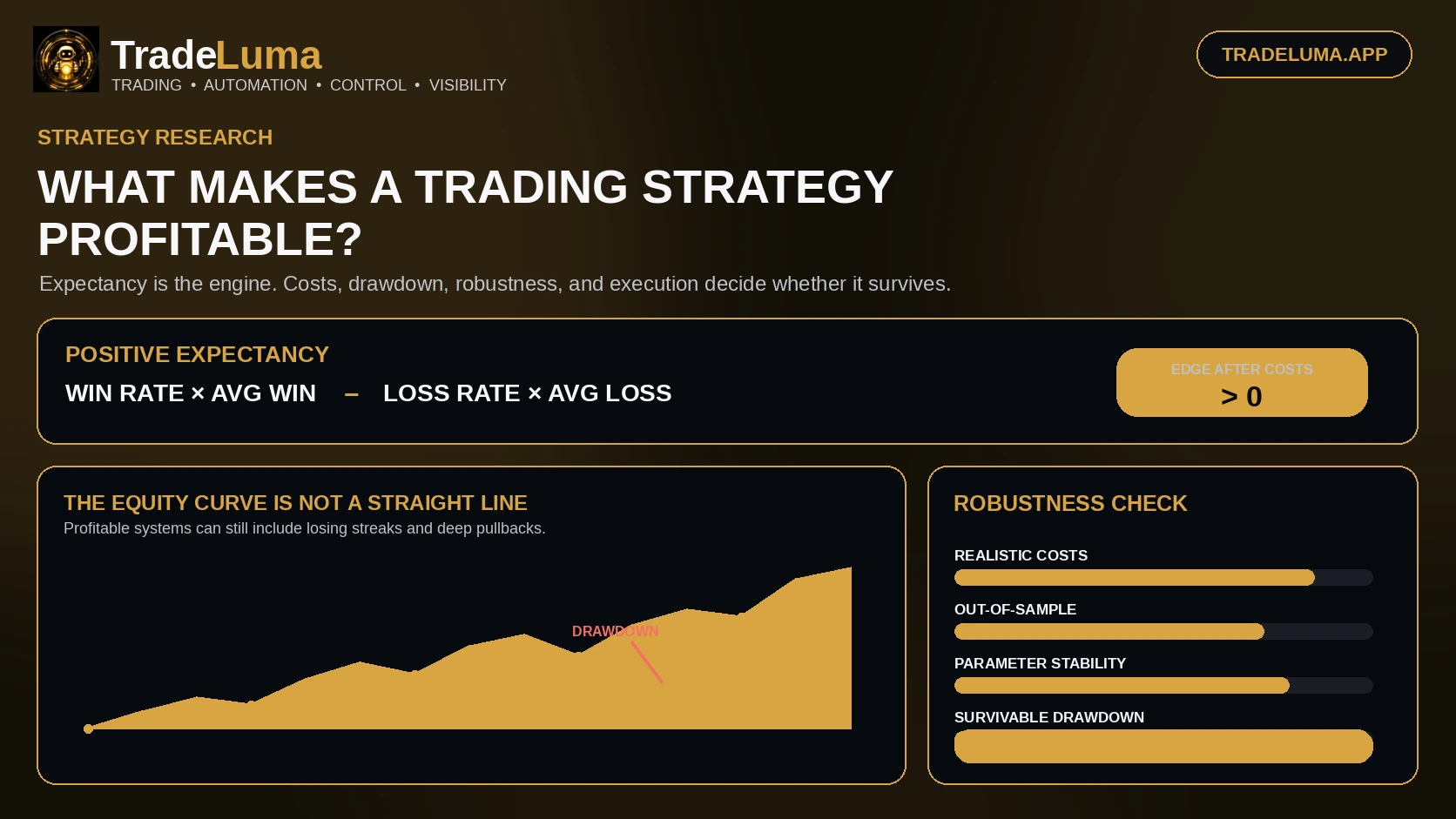 What Makes a Trading Strategy Profitable? Edge, Expectancy and Risk — See how expectancy, payoff, costs, drawdown, and robustness create a real edge.